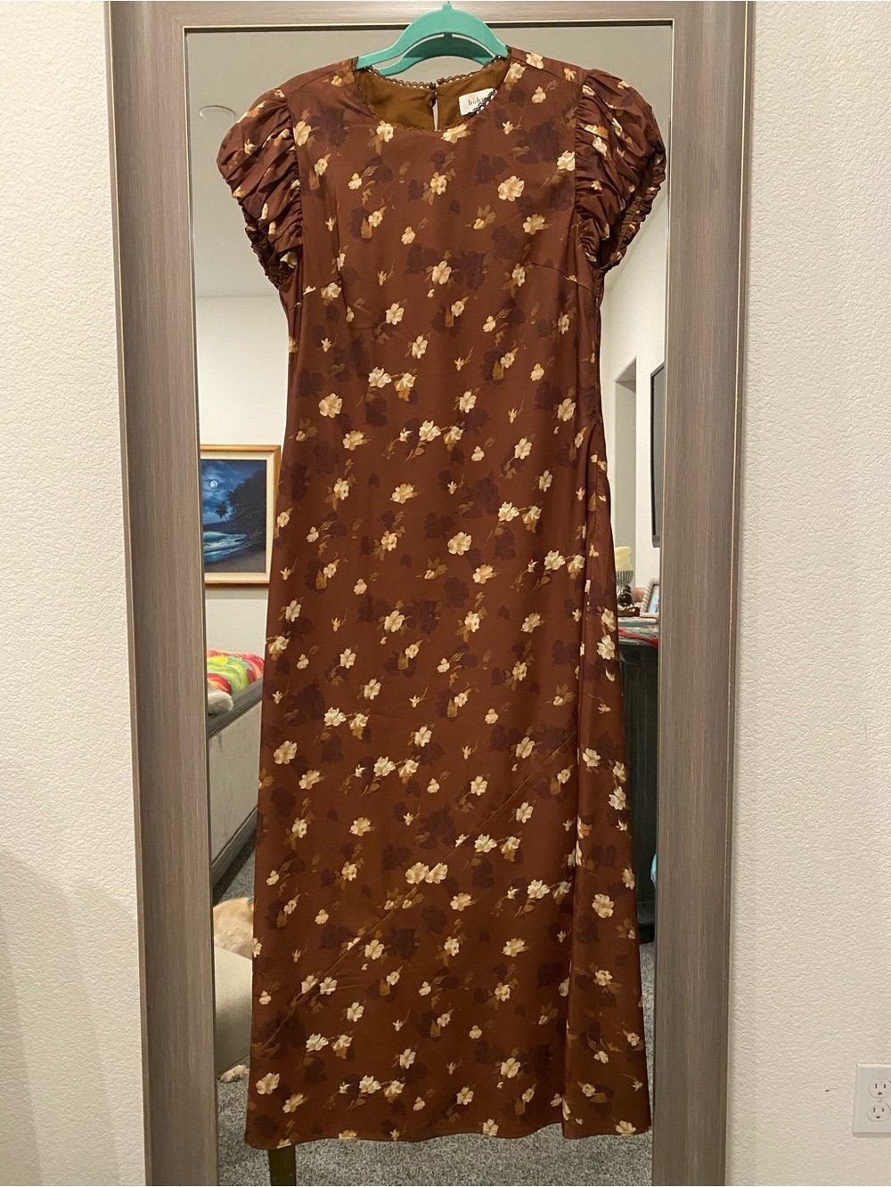 Brown Floral Midi Dress with Puff Sleeves